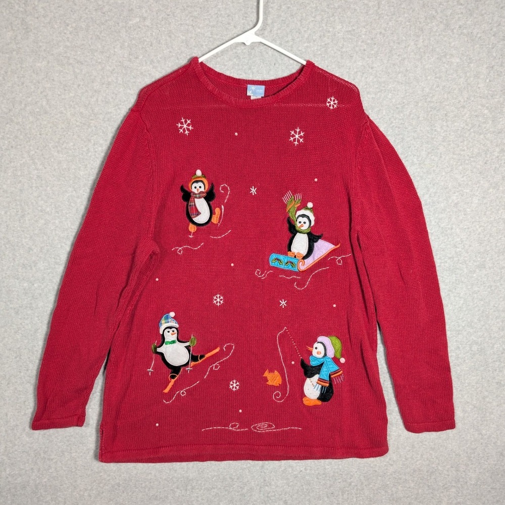 Holiday Editions Sweater Womens XL Red Penguin‎ Winter Festive Holiday Kitschy